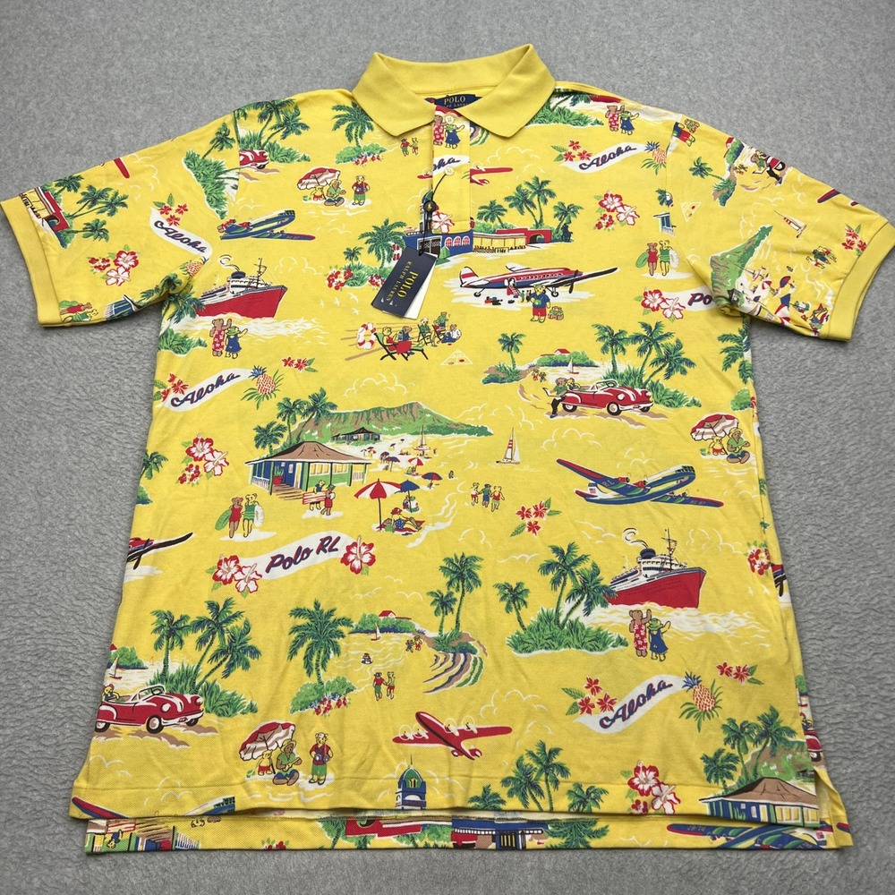 NEW Polo Ralph Lauren Shirt Mens XLT Yellow Hawaiian Tropical Aloha Bear Mesh